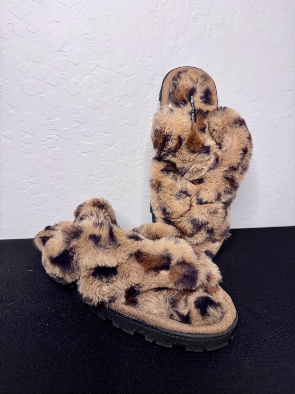 French Connection Leopard Print Faux Fur Slipper Sandals Slides Size S 5/6